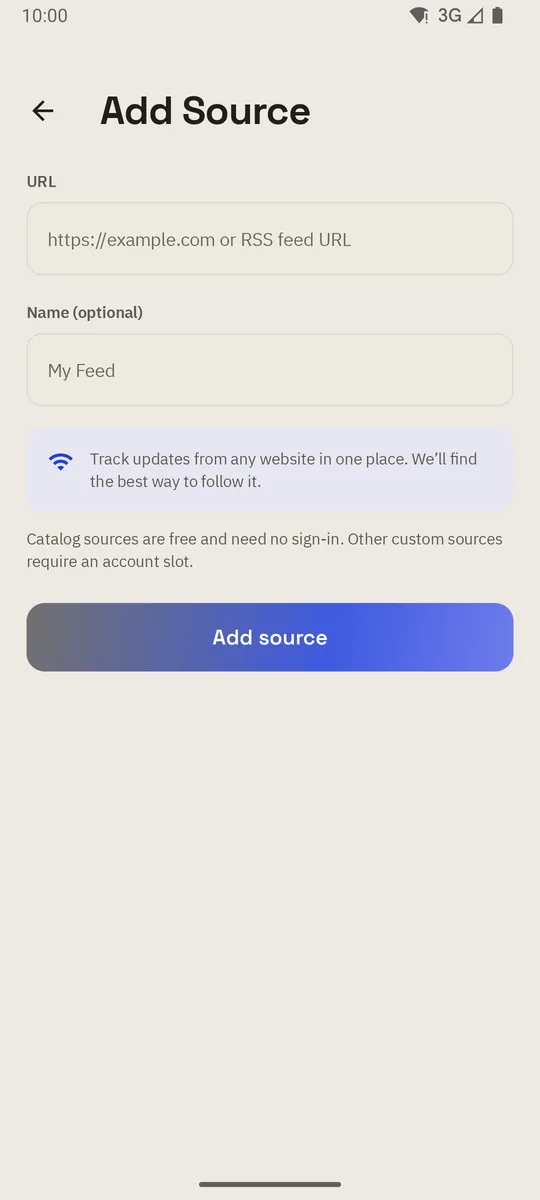 The Add Source screen: a field for a website address or feed