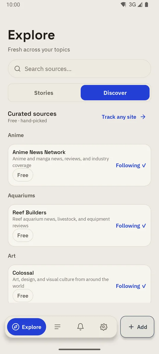 The Discover tab: a catalog of curated sources with Follow buttons