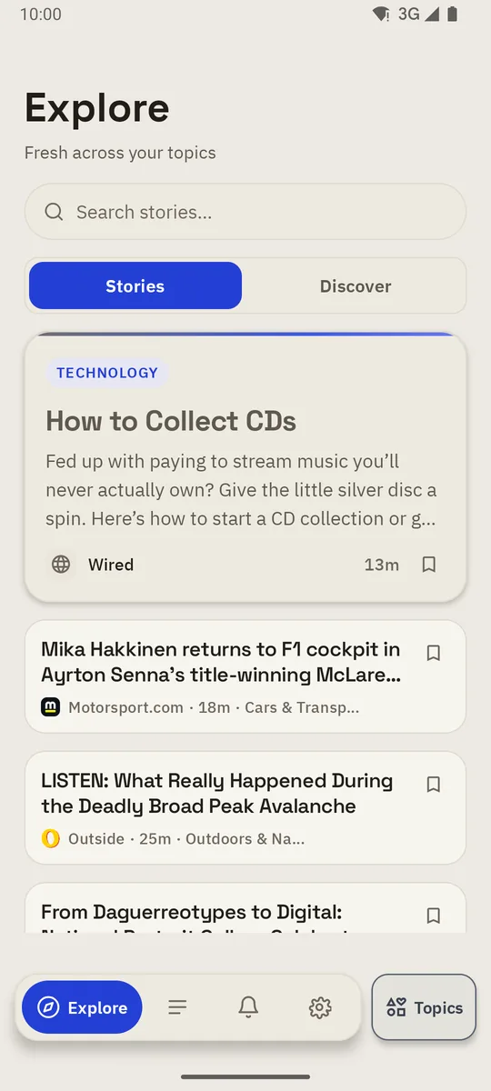 The Explore screen: a feed of recent stories from many sites