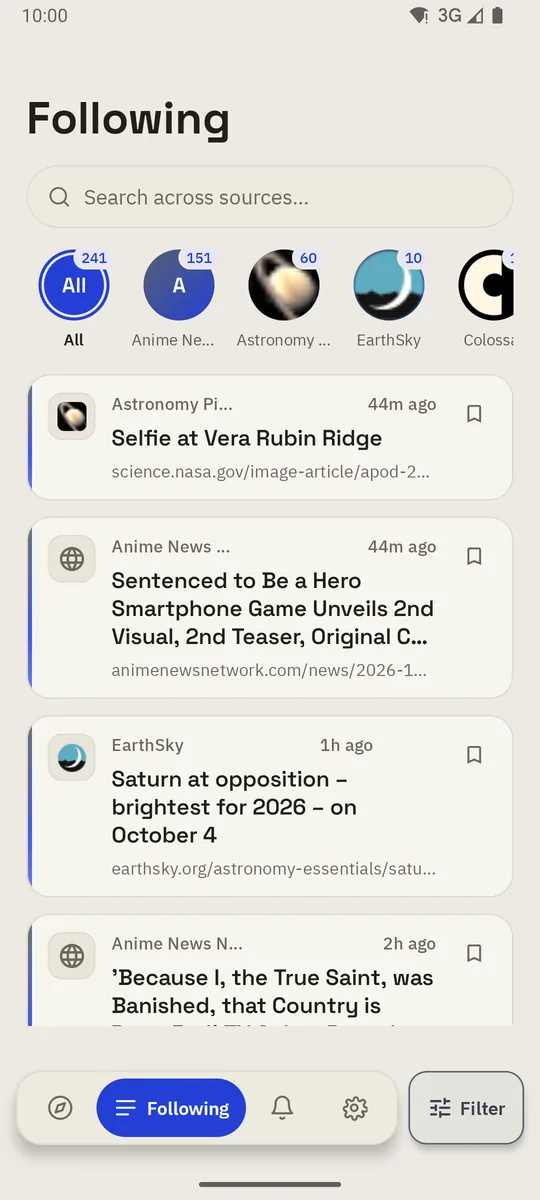 The Following screen: new items from several followed sources in one list